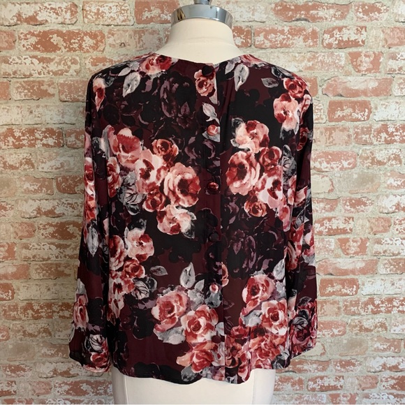 CUPCAKES AND CASHMERE Blouse Floral Top Large Burgundy Wine - Picture 4 of 11